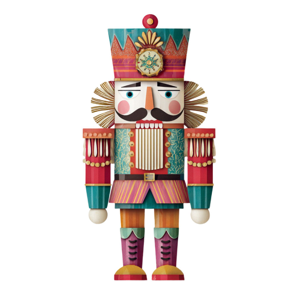 nutcracker, holiday, christmas, whimsical, vintage, decorative, turquoise, coral pink, gold, red, orange, striped, geometric, folk art, traditional, soldier, festive, seasonal, wall hanging, home decor, toy soldier, ornamental, beaded details, mustache, regal, theatrical, winter, classic, timeless, multi-color