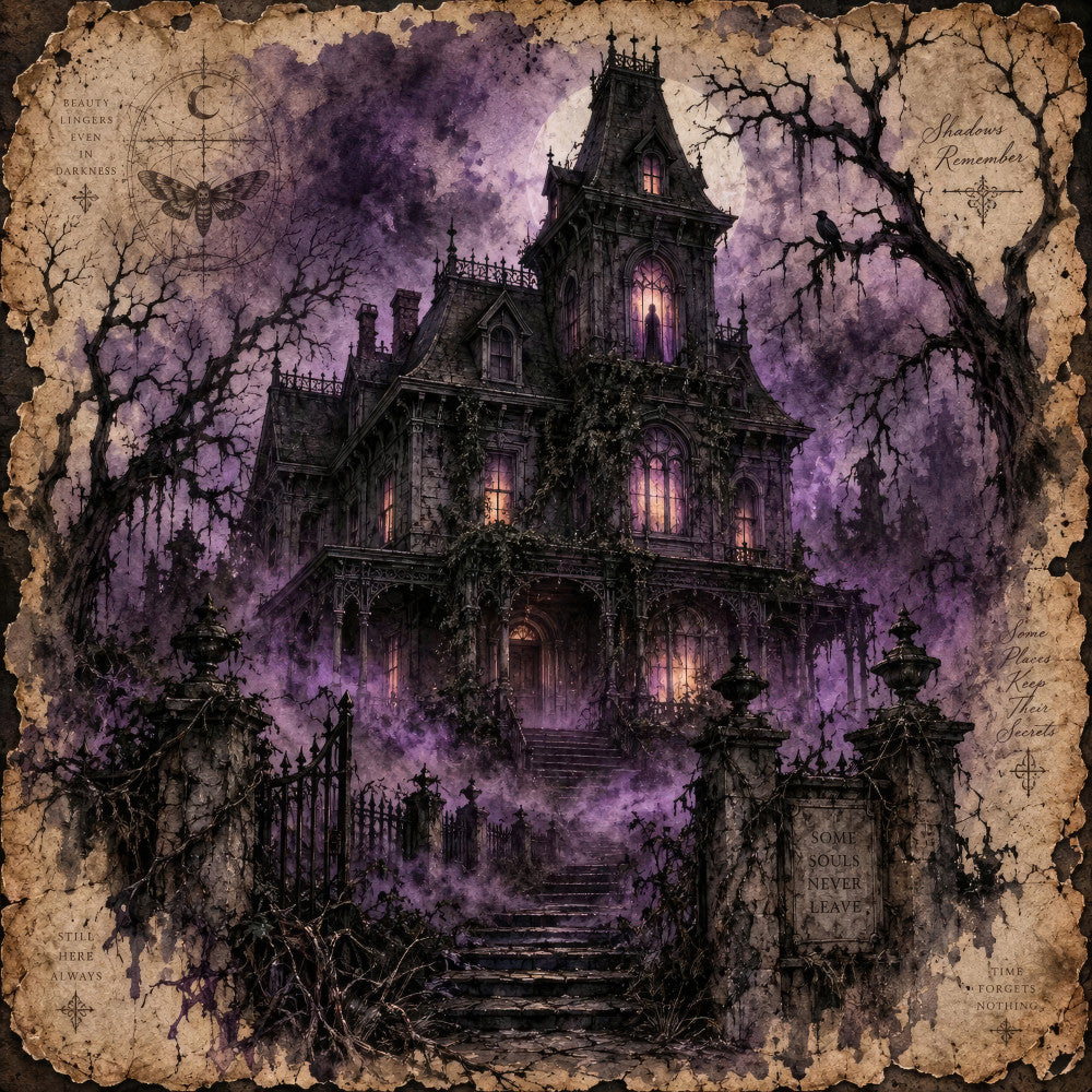 haunted house, gothic, dark purple, plum, eggplant, black, aged parchment, vintage, spooky, halloween, dark academia, mystical, ornate mansion, crow, raven, bare trees, grunge, distressed, moody, supernatural, eerie, mysterious, victorian, elegant, dramatic, dark fantasy, wall hanging, home decor, decorator fabric, statement piece