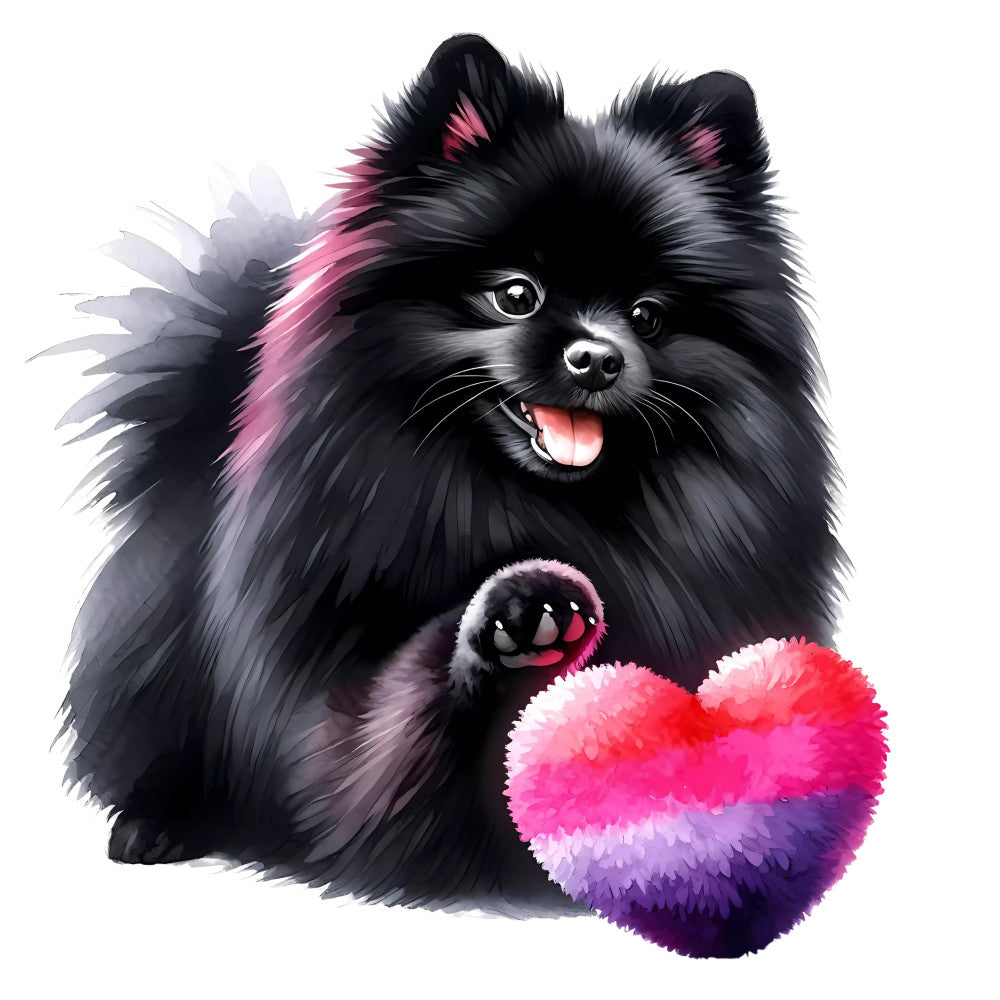 black dog, pomeranian, fluffy dog, cute puppy, pink heart, hot pink, magenta, purple, lavender, gray, charcoal, dog lover, pet themed, animal print, whimsical, playful, love motif, heart design, dog breed, companion animal, kids fabric, novelty print, modern style, colorful, vibrant, happy expression, gift fabric, dog parent, pet owner
