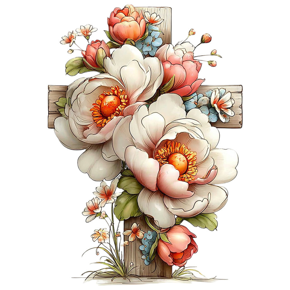 floral cross, fabric panel, peach flowers, coral blooms, cream petals, orange centers, blue accents, green leaves, wooden cross, watercolor style, botanical illustration, religious motif, spring flowers, peonies, delicate florals, quilting cotton, soft pastels, artistic rendering, faith themed, garden flowers