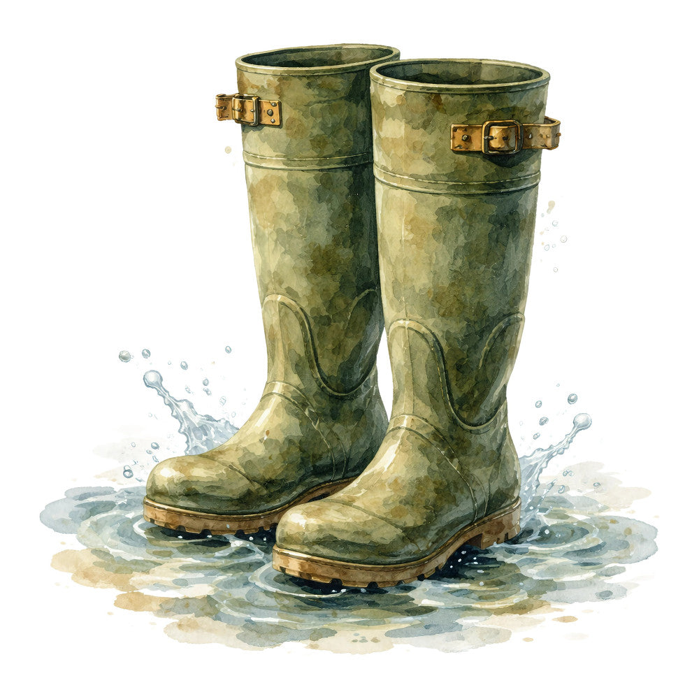 sage green, olive green, tan, cream, water, rain boots, wellies, puddles, splashing water, nature, outdoor, whimsical, children's, farmhouse, rustic, vintage, illustration, watercolor, botanical, garden, rainy day, spring, autumn, storybook, nature inspired, woodland, cottage core, traditional, charming, decorative