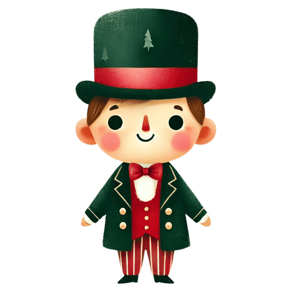 forest green, red, cream, gold, holiday, christmas, festive, whimsical, vintage, character, nutcracker, top hat, bow tie, striped pants, cheerful, jolly, traditional, seasonal, winter, decorative, children's, playful, elegant, formal wear, festive character, christmas caroler, cute, folk art, retro, nostalgic