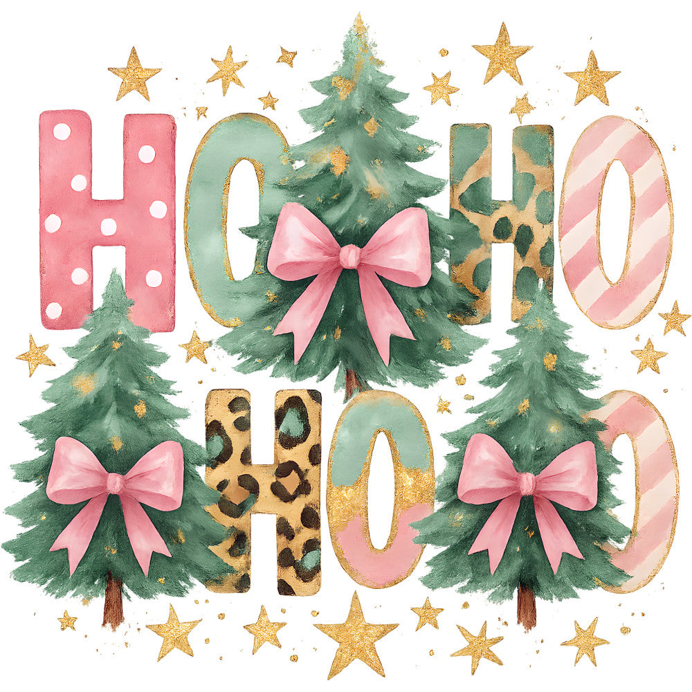 pink, coral, sage green, gold, leopard print, candy cane stripes, christmas trees, pink bows, gold stars, polka dots, watercolor style, festive, holiday theme, fabric panel, quilting cotton, winter decor, tree ornaments, whimsical, pastel christmas, crafting material