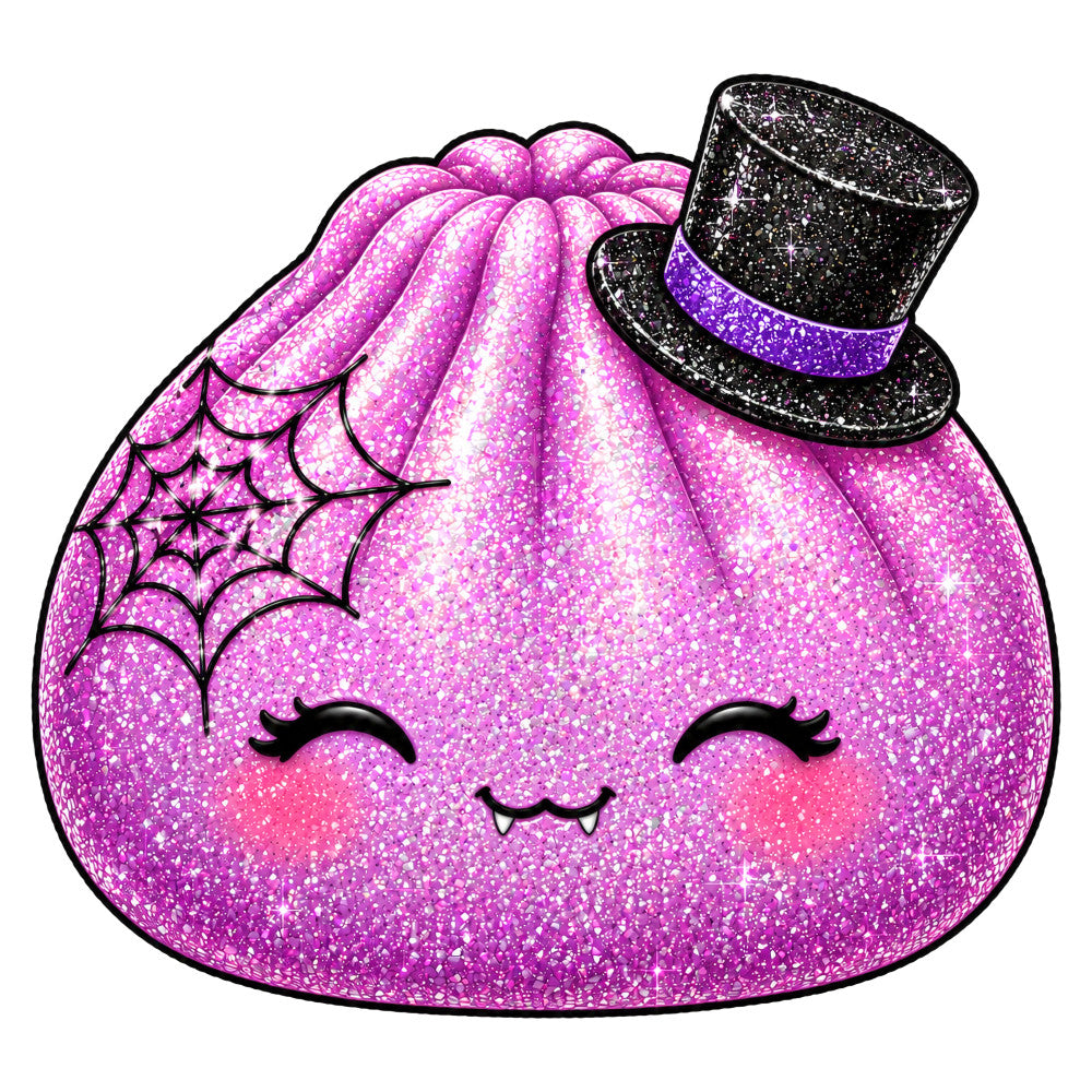 magenta, hot pink, purple, black, glitter, sparkle, shiny, whimsical, cute, kawaii, ghost, spiderweb, halloween, creepy cute, festive, playful, spooky, character, face, feminine, girly, dress-up, costume, party, celebration, magic, enchanted, goth, gothic, sparkly