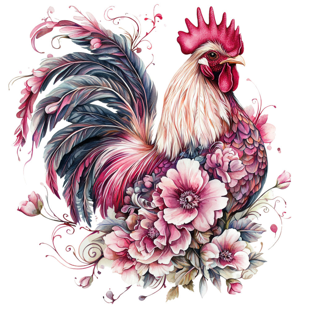 rooster, floral motifs, pink flowers, burgundy accents, cream background, watercolor style, decorative feathers, fabric panel, quilting cotton, ornate design, flowing tail feathers, red comb, artistic illustration, soft pastels, whimsical pattern, farmhouse theme, country style, botanical elements, elegant rooster, vintage inspired