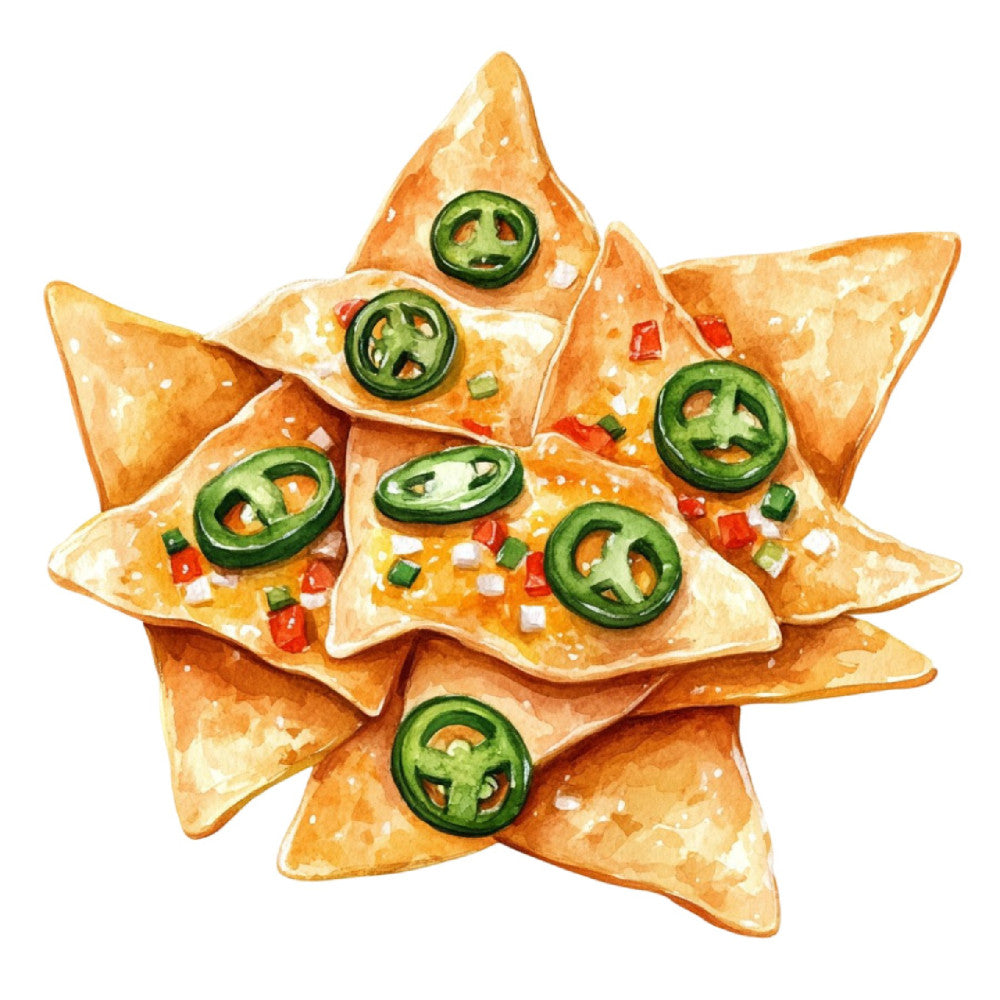 jalapeño peppers, nachos, food print, fiesta, mexican cuisine, appetizer, spicy food, green peppers, red peppers, white cheese, food themed, culinary, festive, whimsical, fun food, gold, orange, green, white, food motif, snack time, party theme, holiday entertaining, kitchen decor, cheerful, playful, novelty print, appetizer theme, cinco de mayo, southwestern style