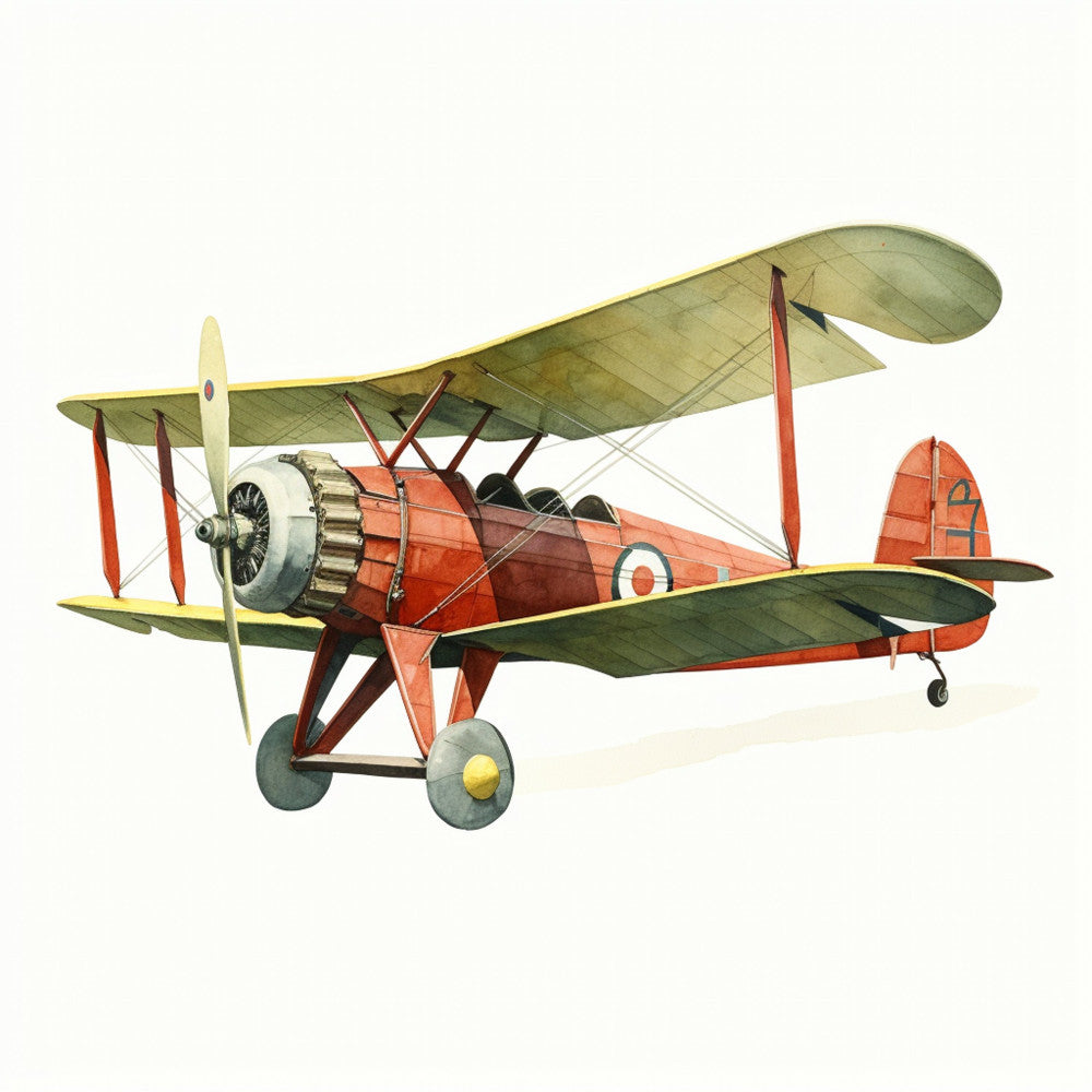 vintage airplane, biplane, red and green, sage green, cream, rust red, aviation, retro aircraft, steampunk, transportation, vintage travel, antique plane, whimsical, nostalgic, historical, 1920s, 1930s style, propeller plane, flying machine, military aviation, classic aircraft, adventure theme, travel theme, boy themed, masculine, steampunk style, retro vintage, heritage print, mechanical, engineering theme