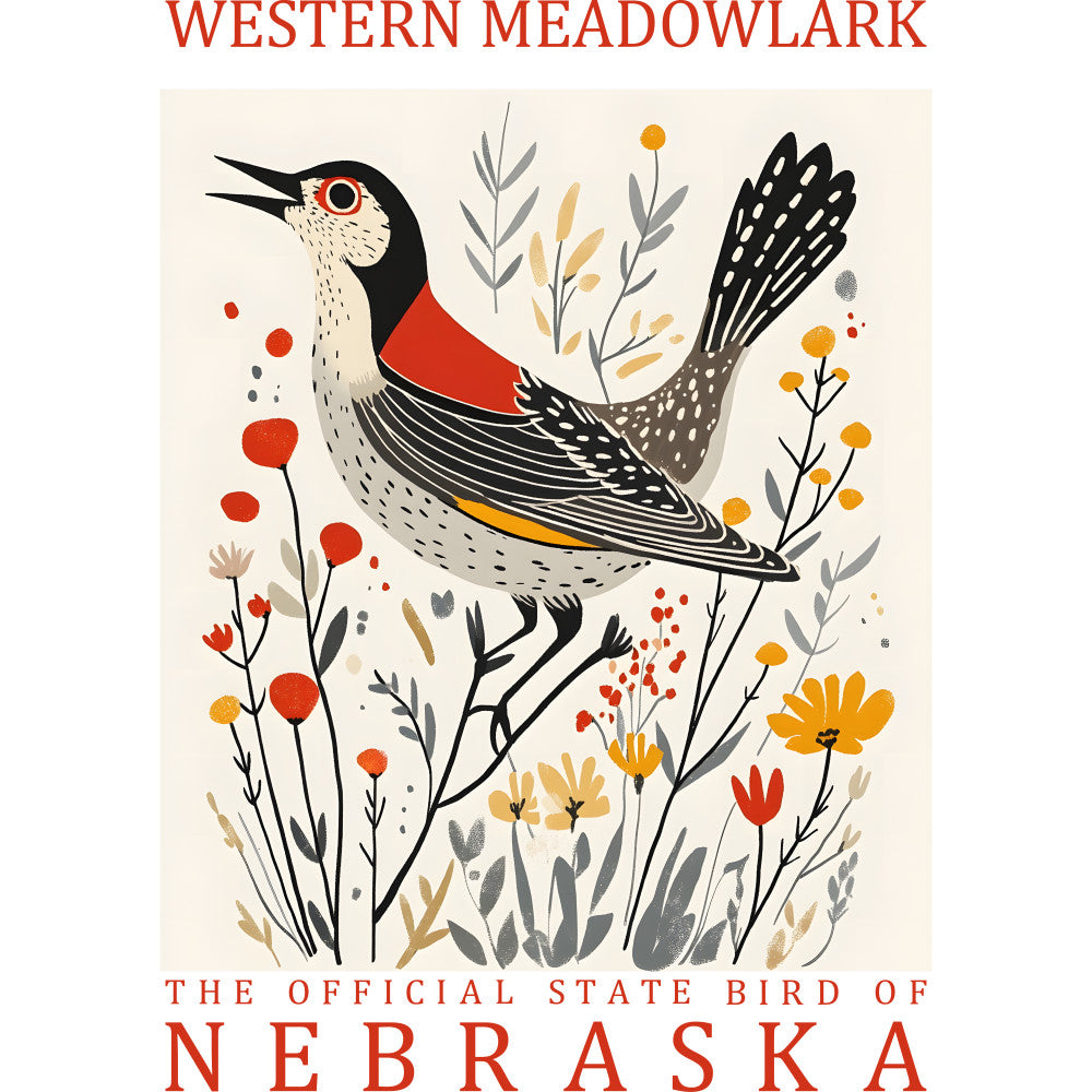 western meadowlark, state bird, nebraska, bird illustration, red breast, black head, yellow accents, wildflowers, botanical elements, meadow scene, folk art style, nature panel, quilting fabric, cotton panel, prairie flowers, red berries, golden blooms, vintage inspired, wildlife design, decorative panel