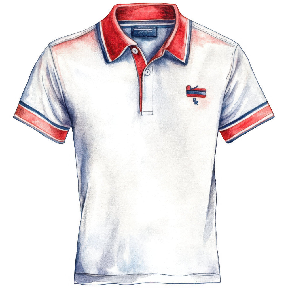 polo shirt, red and navy, white with red trim, navy blue collar, striped sleeves, preppy style, vintage sportswear, retro athletic, casual menswear, classic polo design, red white and blue, nautical inspired, traditional style, sports-themed, badge emblem, button placket, short sleeve shirt, summer casual, relaxed fit, heritage style, timeless classic, american preppy, structured collar, color block design, contrast trim, sporty aesthetic