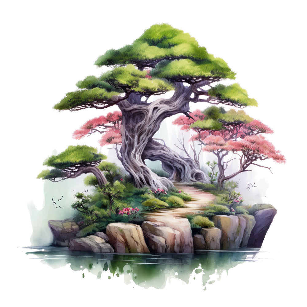 watercolor bonsai, twisted trunk, green foliage, pink blossoms, rocky landscape, serene garden, asian inspired, nature scene, tranquil setting, fabric panel, quilting cotton, zen garden, miniature landscape, artistic illustration, soft pastels, botanical design, peaceful atmosphere, japanese style, decorative panel, craft fabric