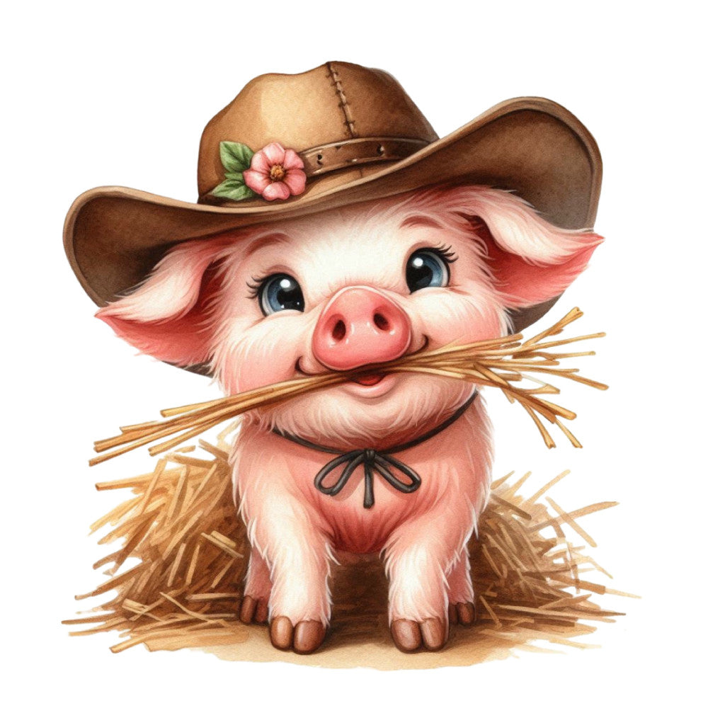 cowboy pig, pink pig, western theme, farm animals, barnyard, straw, rustic, whimsical, cute animals, children's fabric, baby quilt, dusty rose, cream, tan, brown, straw yellow, floral accent, pink and white, cottage core, farmhouse style, playful, cheerful, animal faces, novelty print, decorative panel, spring, summer, folk art style