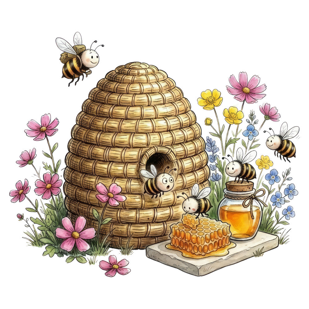 honeybee, honey, beehive, beeswax, bumblebee, flowers, floral, cosmos, yellow flowers, pink flowers, blue flowers, daisy, nature, insects, garden, honey jar, honeycomb, whimsical, children's, spring, summer, farmhouse, cottage core, botanical, natural, warm gold, golden yellow, dusty pink, soft blue, cream