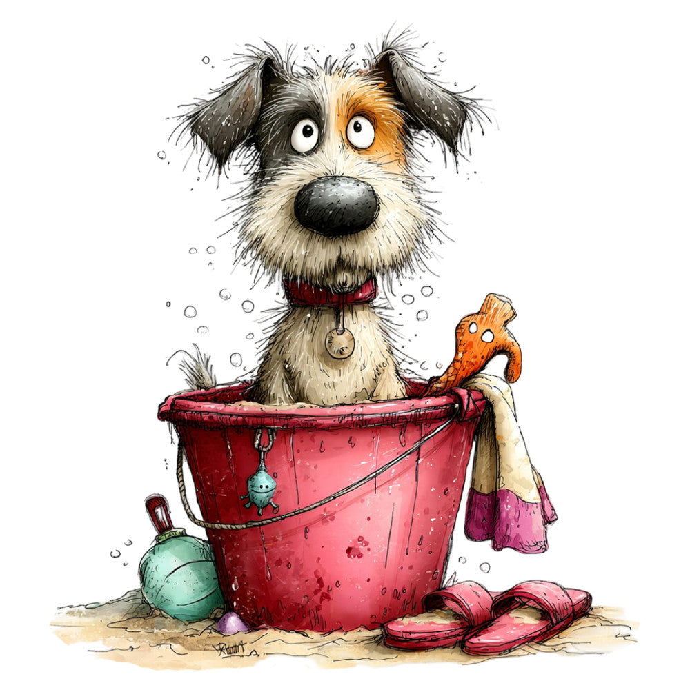 dog, puppy, bath time, bathtub, whimsical, cute, children's, kids, animals, pet, playful, red bucket, bucket, water, bubbles, cream, tan, rust orange, burgundy red, seafoam green, baby shower, nursery, fun, humorous, quirky, illustration, storybook, character panel, bathroom decor