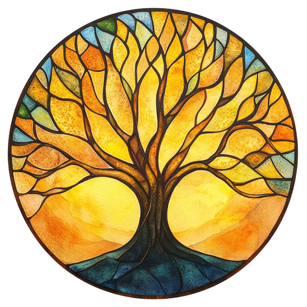 stained glass, tree of life, golden yellow, amber orange, deep teal, navy blue, sage green, warm sunset, nature, botanical, circular pattern, radial design, elegant, whimsical, modern, peaceful, zen, spiritual, autumn, fall colors, warm tones, cool tones, tree motif, roots, branches, leaves, wall hanging, home decor, art quilt, decorative panel