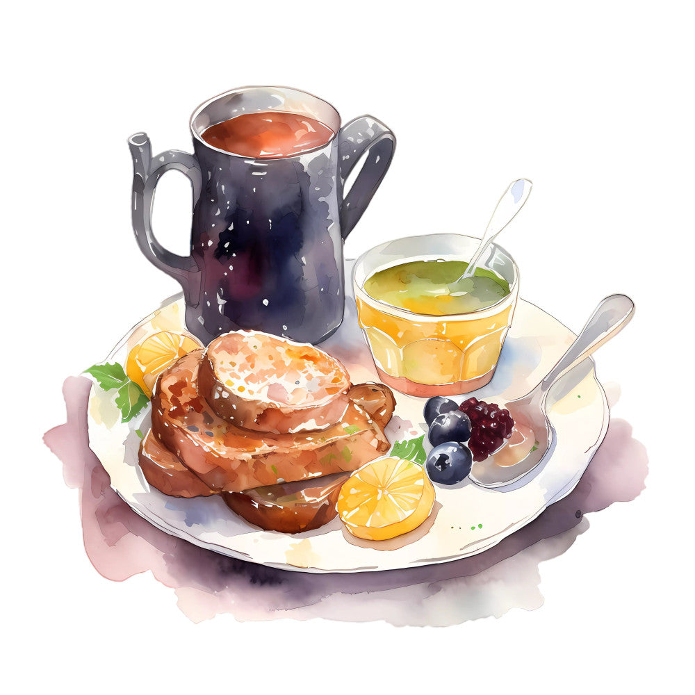 breakfast theme, tea time, food illustration, culinary, pastries, croissants, berries, blueberries, lemon slices, honey, jam, teapot, vintage teacup, morning coffee, brunch, watercolor style, soft colors, cream, dusty rose, navy blue, golden yellow, elegant, whimsical, food and beverage, kitchen décor, cottage core, afternoon tea, dessert themed, culinary arts, spring brunch