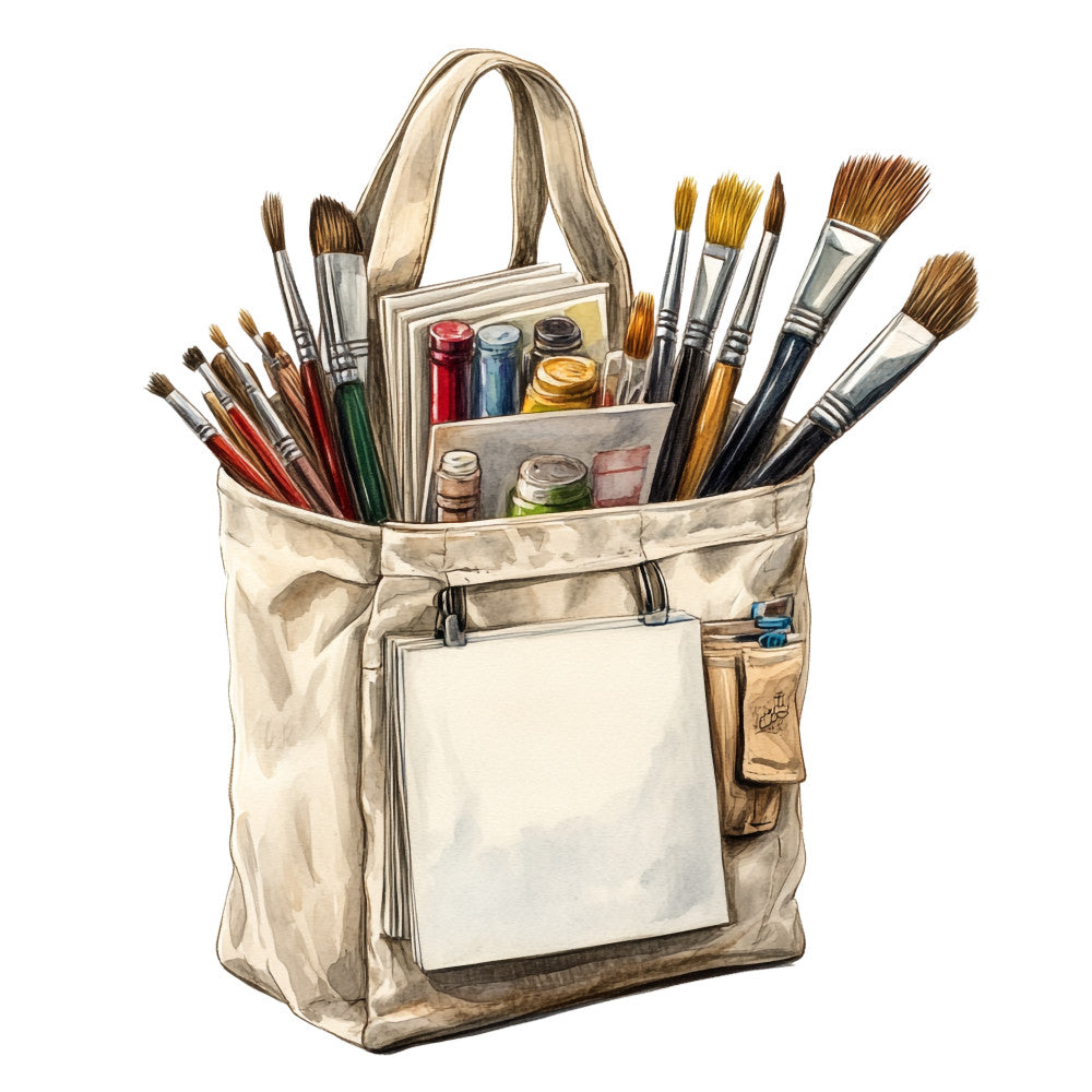 fabric panel, artist supplies, art bag, paintbrushes, paint tubes, watercolor illustration, beige tote bag, canvas bag, art materials, colorful paints, red paint, blue paint, yellow paint, green paint, brown brushes, quilting cotton, craft themed, artistic design, neutral background, detailed illustration