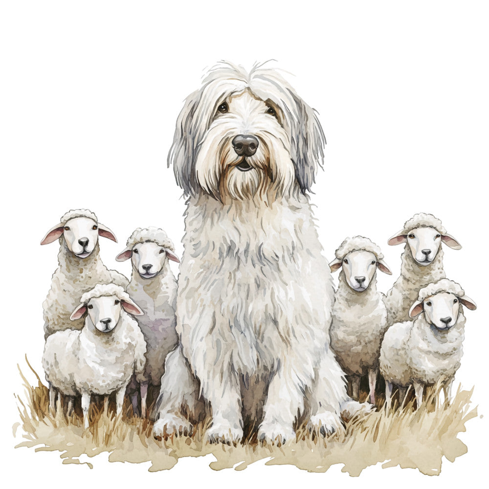 sheep, sheepdog, pastoral scene, white, cream, beige, gray, brown, watercolor style, farm animals, countryside, herding dog, flock, grass, fabric panel, quilting cotton, english countryside, rural landscape, animal illustration, soft tones