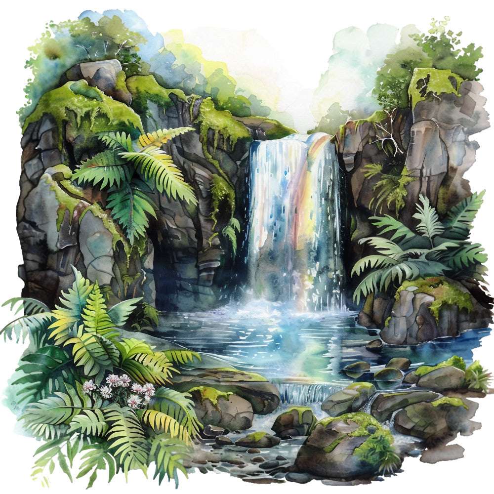 watercolor, tropical landscape, waterfall, fern leaves, moss-covered rocks, lush greenery, blue water, gray stones, rainbow mist, jungle scene, botanical design, nature panel, fabric panel, quilting cotton, serene mood, forest stream, tropical plants, flowing water, wet-on-wet technique, summer foliage