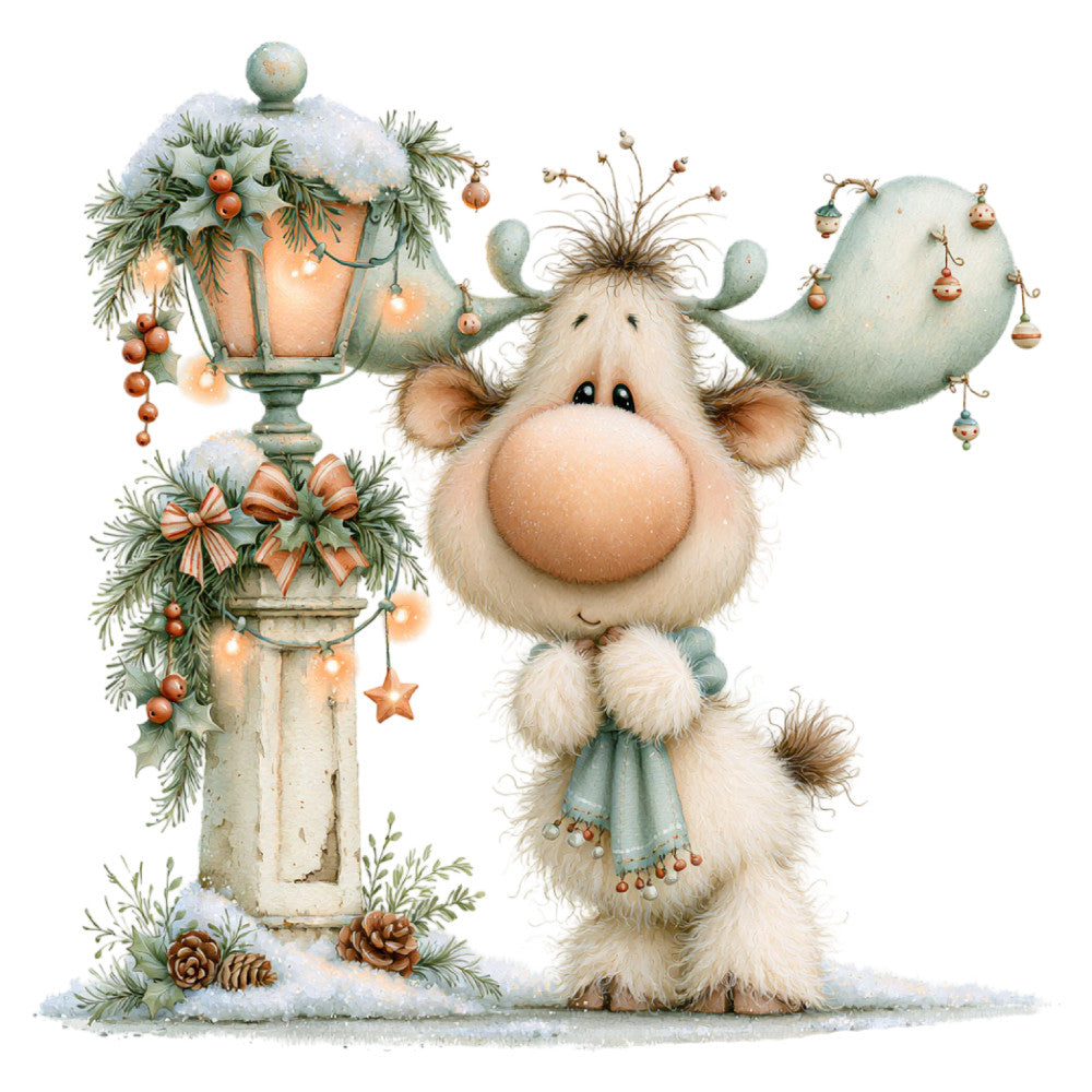 cream, sage green, copper orange, soft white, rustic green, whimsical, festive, holiday, christmas, winter, animals, cute creatures, bull, oxen, horns, decorative urns, garland, berries, pinecones, snow, cozy, farmhouse, vintage, charming, cheerful, celebration, seasonal, nature, woodland