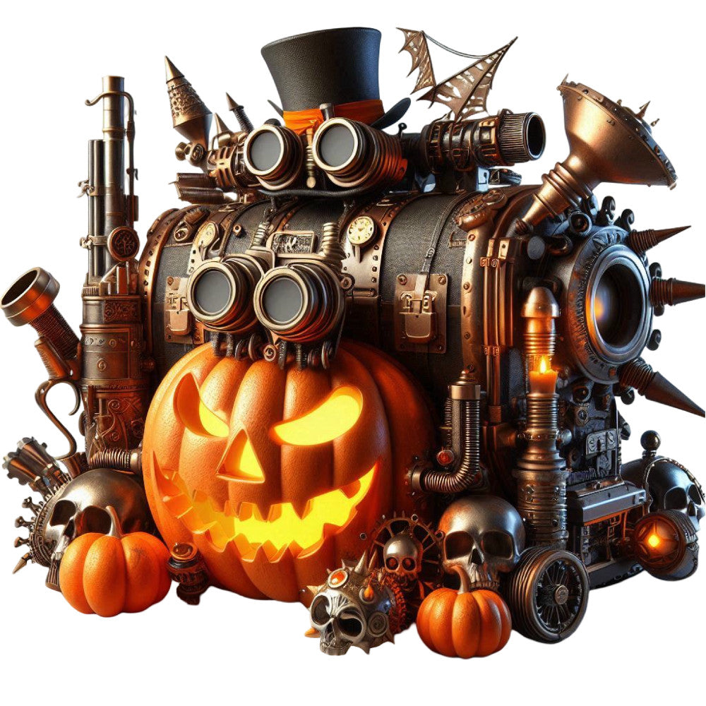 steampunk, bronze, copper, gold, orange, burnt orange, black, glowing yellow, halloween, jack-o-lantern, pumpkin, skulls, gears, mechanical, industrial, vintage, gothic, whimsical, top hat, goggles, bat wings, spooky, autumn, fall, holiday, dark fantasy, retro, decorative, wall hanging, novelty print