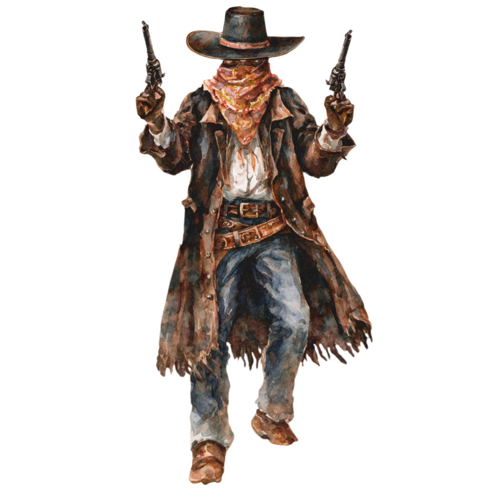 cowboy, western, outlaw, gunslinger, dual pistols, brown, tan, rust, cream, white, denim blue, burgundy, bandana, leather coat, wide-brimmed hat, boots, vintage western, rustic, wild west, action figure, male character, adventurer, retro, character design, illustration, novelty, themed fabric, southwestern, frontier