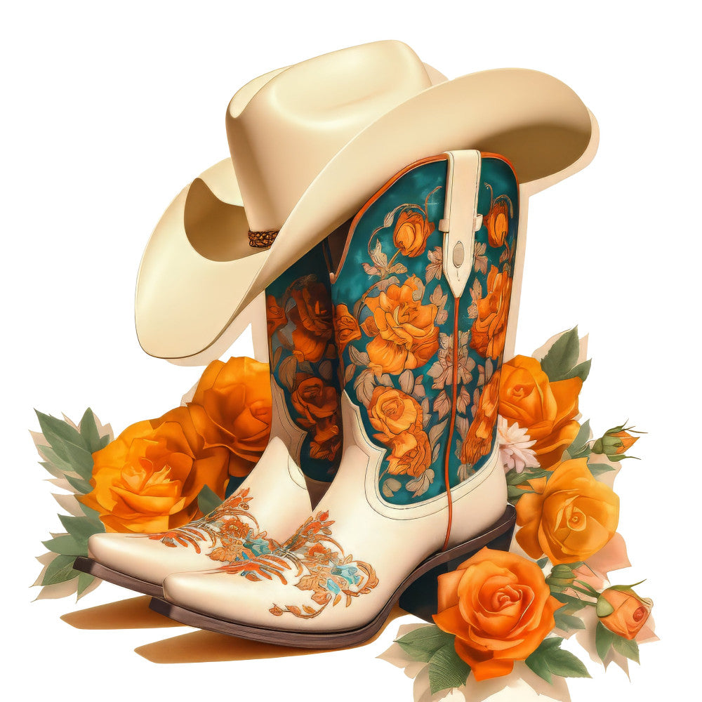cowboy boots, western, cream white, burnt orange, teal blue, floral, roses, flowers, botanical, vintage, country, rustic, farmhouse, cowgirl, boots and flowers, embroidered, decorative, traditional, ornate, orange roses, cottage core, themed panel, western fashion, spring, summer, whimsical, romantic, folk art, southwestern