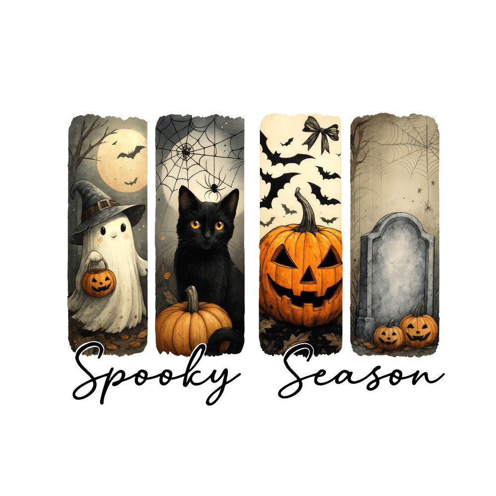 halloween, spooky season, ghost, black cat, jack-o-lantern, pumpkin, gravestone, tombstone, bats, spider web, moon, witch hat, autumn, fall, orange, black, cream, tan, beige, gray, whimsical, vintage, seasonal, holiday, trick-or-treat, festive, creepy, witchy, celestial, wall hanging