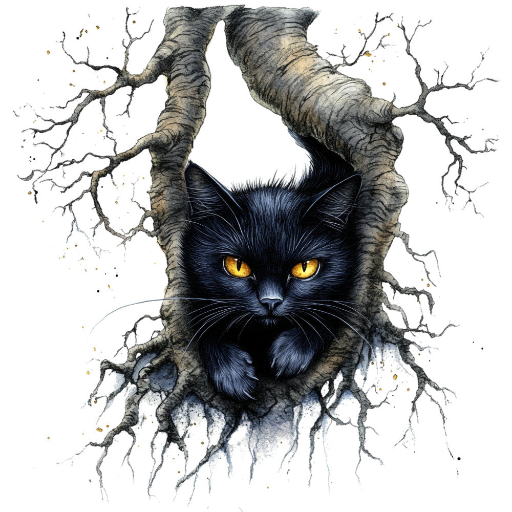black cat, golden yellow eyes, tree branches, nature, mystical, dark art, whimsical, gothic, forest, wildlife, animal portrait, magical, spooky, moody, contemporary, fantasy, autumn, winter, bold black, dark blue, charcoal gray, tan, metallic accents, cat lover, nature inspired, artistic, dramatic, statement piece