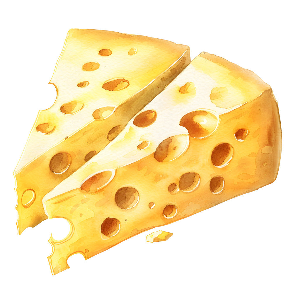 cheese, swiss cheese, yellow, golden yellow, cream, pale yellow, orange, holes, food, kitchen, whimsical, playful, cute, novelty, children, kids, fun, illustrated, watercolor, dairy, cheese lover, culinary, farmhouse, rustic, food themed, humor, conversation starter