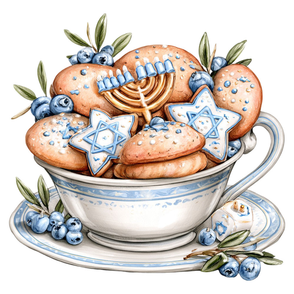 cream, white, cornflower blue, navy blue, gold, blueberry, star of david, menorah, jewish, hanukkah, religious, cultural, holiday, blueberries, olive branches, botanical, whimsical, elegant, traditional, vintage, decorative, dessert, bread, baked goods, food, kitchen, table topper, wall hanging, home decor, festive
