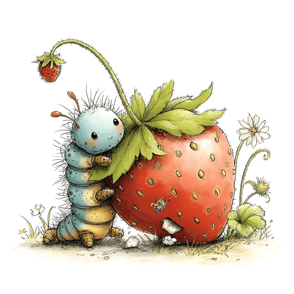 strawberry, caterpillar, whimsical, nature, garden, insects, blue green, coral red, cream, spring, summer, charming, children's, playful, illustration, storybook, adorable, cute, animal, botanical, leaves, flowers, daisies, friendly, pastoral, soft colors, woodland, nursery, baby, panel