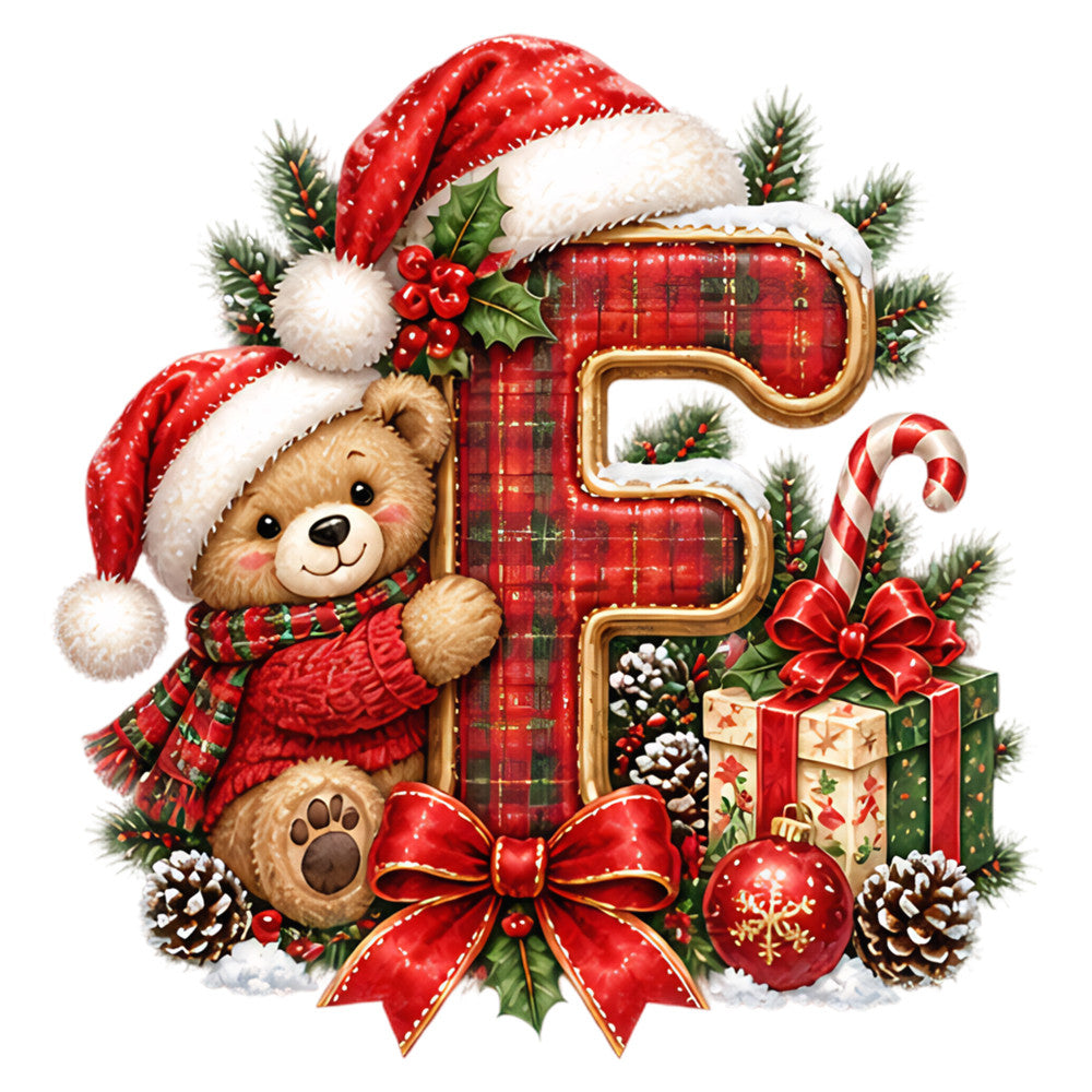 christmas, holiday, teddy bear, santa hat, red plaid, forest green, gold accents, candy cane, ornaments, pine cones, gift boxes, red ribbon, bow, festive, whimsical, traditional, vintage, cute, children's, baby, winter, seasonal, red and green, holly, berries, cozy, nostalgic, decorative panel