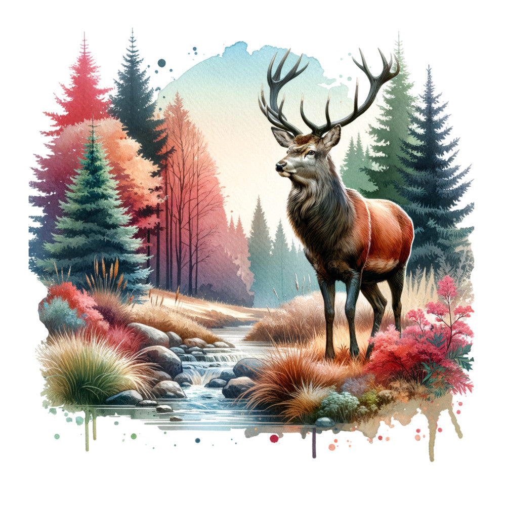 deer, elk, stag, forest, woodland, nature, watercolor, autumn, fall, winter, stream, creek, water, conifer trees, pine trees, evergreen, rustic, scenic, landscape, majestic, wildlife, red, rust, burnt orange, forest green, teal, cream, watercolor art, artistic, boho