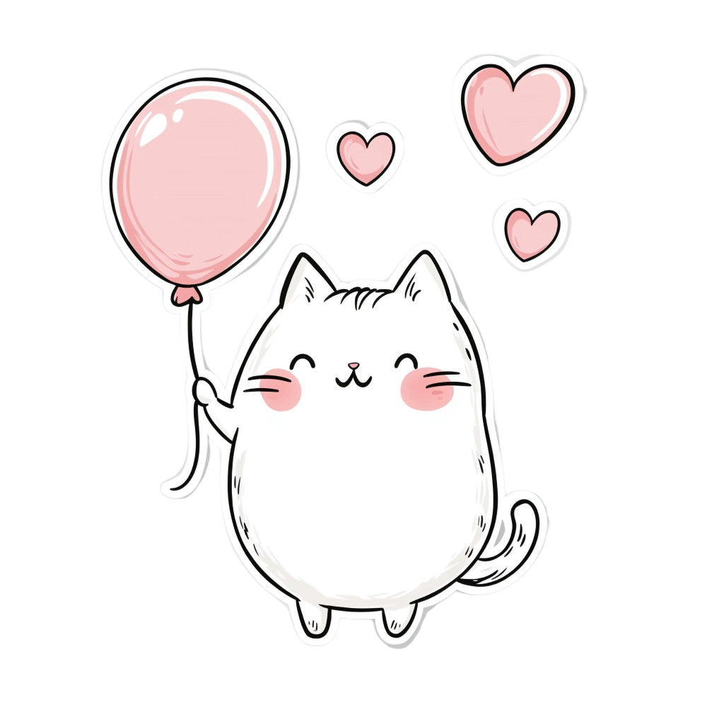 cute cat, white cat, pink balloon, hearts, love, whimsical, kawaii, playful, child-friendly, nursery, baby, animal characters, cat face, happy expression, closed eyes, blush cheeks, pink accent, balloon motif, love theme, cheerful, sweet, gentle, girl themed, greeting card style, storybook, adorable, innocent, pastel pink, soft colors, Valentine's day