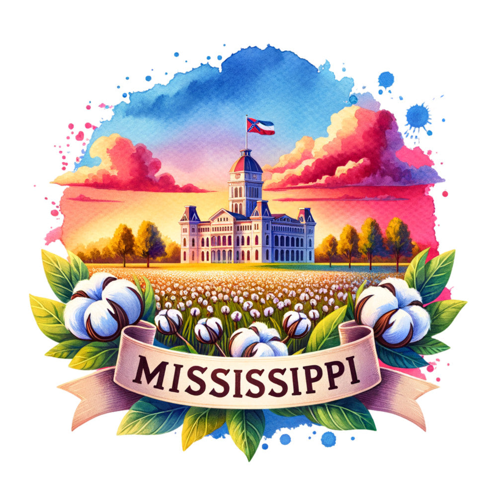 US States Retro Travel Fabric Panel 28 featuring Mississippi state capitol and cotton fields in vibrant watercolor style.