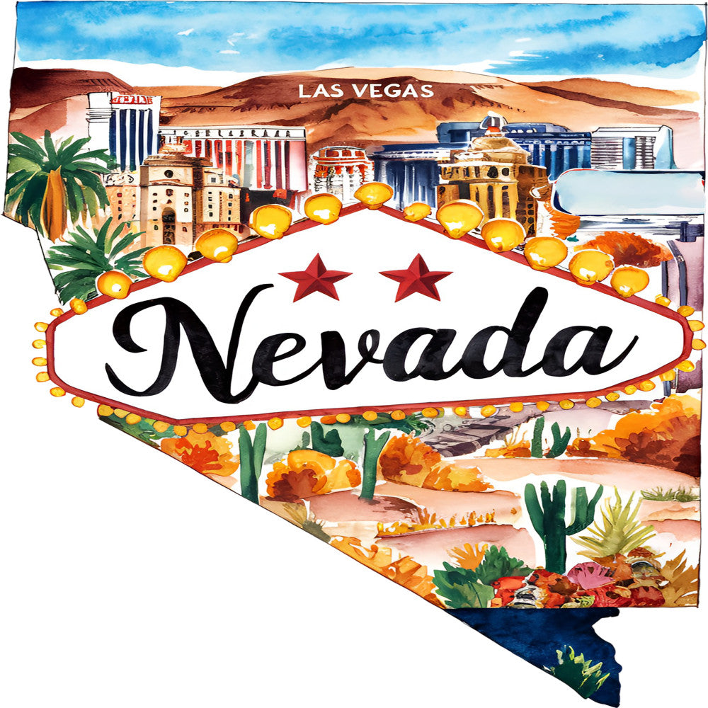 Classic US States Fabric Panel 15 featuring a colorful Nevada state map with Las Vegas landmarks on premium quilting cotton fabric.