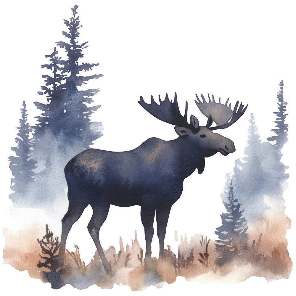 moose, forest scene, watercolor style, navy blue, brown, taupe, evergreen trees, wildlife, nature panel, fabric panel, quilting cotton, misty background, antlers, pine trees, woodland, rustic, outdoor theme, animal silhouette, earthy tones, wilderness