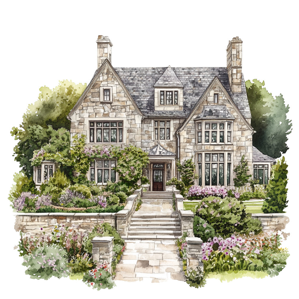 english manor, stone cottage, fabric panel, watercolor style, botanical garden, purple flowers, green foliage, slate roof, chimneys, landscaped grounds, stone steps, country estate, tudor architecture, quilting cotton, scenic illustration, garden pathway, lavender blooms, rustic stonework, countryside dwelling, artistic rendering