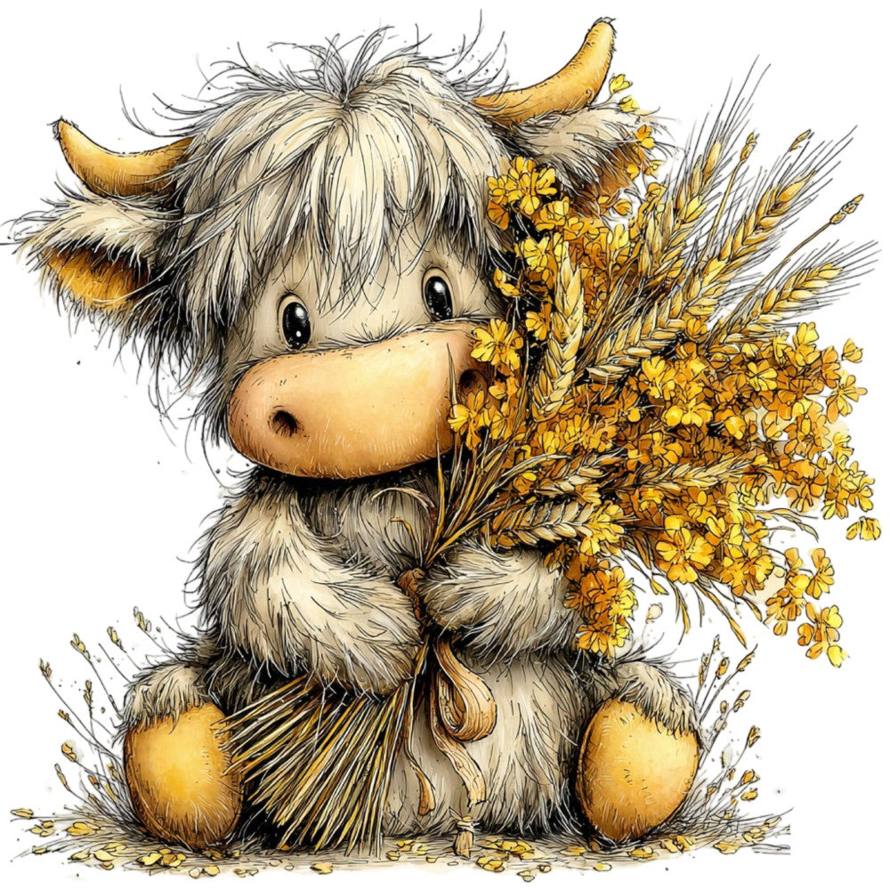 cream, tan, golden yellow, warm beige, black accents, floral, botanical, animal, whimsical, rustic, farmhouse, highland cattle, cow, wheat, grain, wildflowers, daisy, nature-inspired, autumn, fall harvest, countryside, folk art, charming, cozy, children's, storybook, gentle, pastoral, adorable, sweet