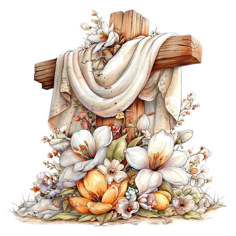 wooden cross, white lilies, cream fabric, orange flowers, floral arrangement, religious theme, watercolor style, soft pastels, draped cloth, spring blooms, fabric panel, quilting cotton, botanical design, easter lilies, peach tones, gentle artwork, flowing drapery, mixed florals, serene mood, cotton panel