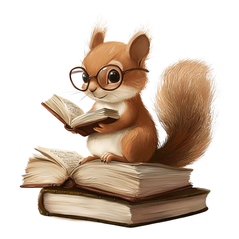 adorable squirrel, brown fur, glasses, reading books, scholarly, cute animal, orange tones, cream background, fabric panel, quilting cotton, educational theme, bookworm character, whimsical illustration, children's fabric, woodland creature, autumn colors, sitting pose, furry tail, book lover, smart animal