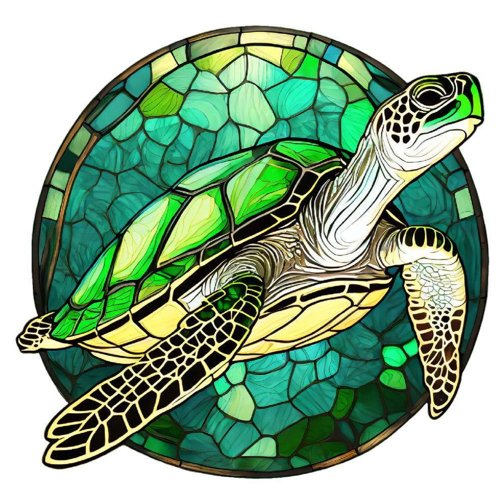 sea turtle, stained glass, ocean green, lime green, yellow-green, teal, turquoise, cream white, black outlines, geometric, nature, wildlife, animals, reptiles, tropical, summer, water, marine life, glass art style, decorative, artistic, elegant, detailed illustration, sea life, aquatic, panel design, wall hanging, nature lover, ocean theme