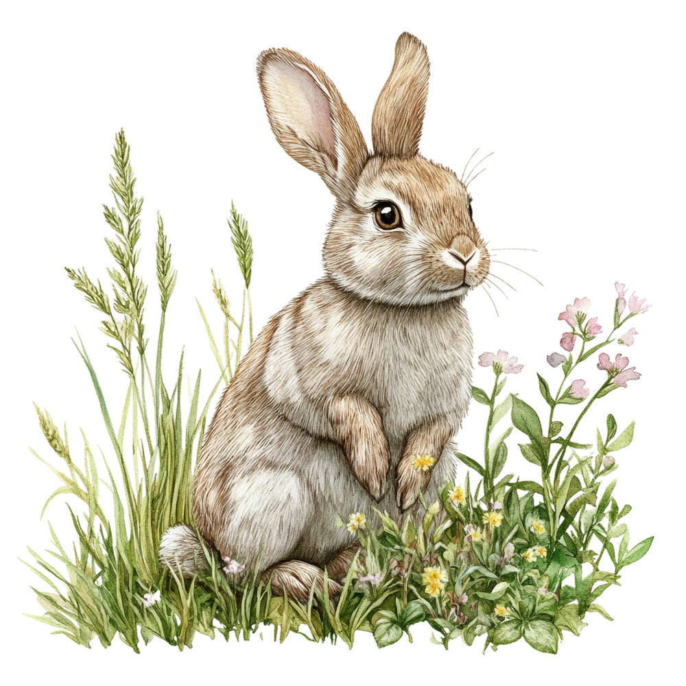 rabbit, bunny, brown fur, cream white, sage green, pink flowers, yellow blooms, wildflowers, grass, botanical illustration, watercolor style, nature scene, wildlife, countryside, meadow, fabric panel, quilting cotton, realistic artwork, spring theme, pastoral design