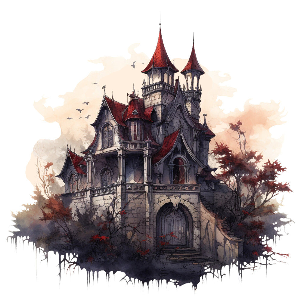 dark red, burgundy, charcoal gray, cream, beige, taupe, gothic, fantasy, castle, spooky, haunted, dark fairy tale, whimsical, elegant, mysterious, autumn, fall, moody, architectural, towers, turrets, birds, gnarled trees, dark fantasy, steampunk, victorian, romantic gothic, watercolor, illustration style, magical