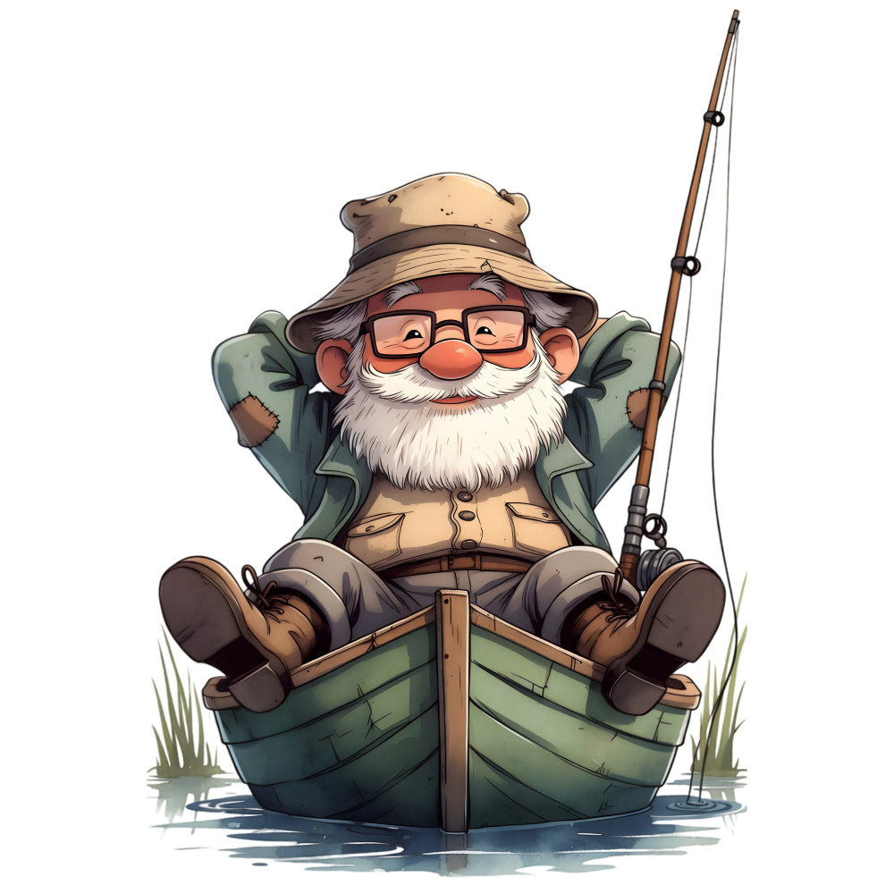 fishing gnome, whimsical, nautical, forest green, tan, cream, brown, rust orange, vintage, rustic, humorous, character panel, novelty, hobby, outdoor recreation, water scene, boat, fishing rod, beard, glasses, hat, nature theme, relaxation, leisure, charming, folk art, cottage core, adventure, male character