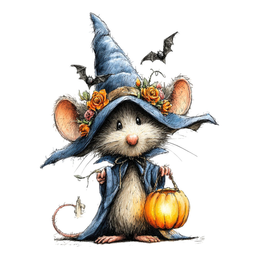 witch mouse, halloween, autumn, fall, blue wizard hat, orange pumpkin, bats, floral, roses, whimsical, cute animals, rodent, magical, seasonal, october, harvest theme, jack-o-lantern, flowers, navy blue, burnt orange, cream white, children's, storybook, fantasy, woodland creatures, holiday, festive, decorative panel, charming, illustration style