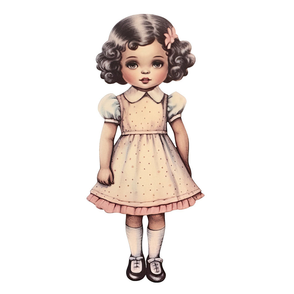 vintage doll, retro girl, 1930s style, cream, beige, tan, pale pink, blush pink, dark brown, charcoal gray, peter pan collar, puffed sleeves, polka dots, spotted print, mary jane shoes, classic children, nostalgic, whimsical, storybook, doll face, girl portrait, collectible, traditional, sweet, innocent, timeless, baby girl, nursery, children's theme, retro fashion