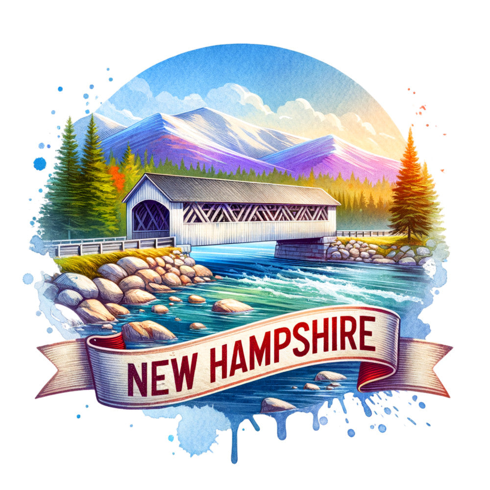US States Retro Travel Fabric Panel 17 featuring New Hampshire covered bridge, river, mountains, and pine trees in vibrant colors.