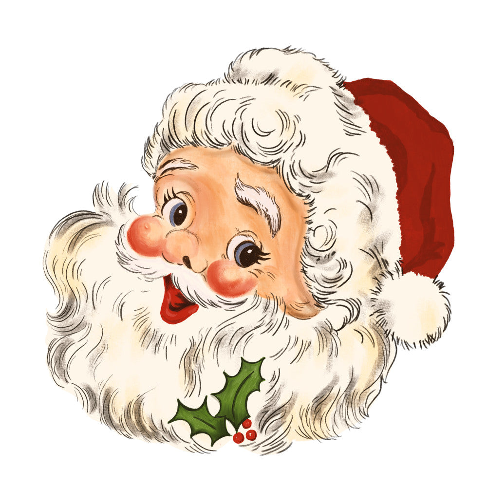 vintage santa, fabric panel, christmas character, red santa hat, white beard, rosy cheeks, jolly expression, holiday motif, festive design, cream white, deep red, green holly, retro illustration, winter theme, quilting fabric, cotton panel, seasonal craft, christmas sewing, nostalgic artwork, holly berries