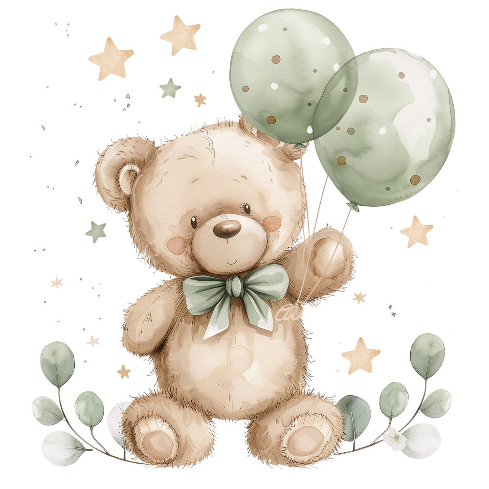 teddy bear, sage green, cream, soft yellow, whimsical, baby, nursery, animals, balloons, stars, polka dots, nature, botanical, leaves, gentle, sweet, dreamy, cloud-like, pastel, soft colors, gender neutral, baby shower, children's, woodland, storybook, illustration style, cute characters, celestial theme, baby quilt, wall hanging